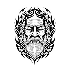 Elderly man with eyes closed in tribal art style with black patterns  