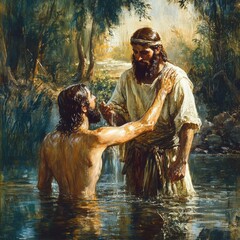 Jesus approaches John the Baptist in Galilee for a significant baptismal moment in the Jordan River during a serene afternoon light