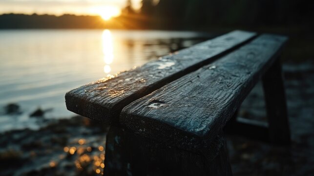 Rustic wooden park bench by a serene lake at sunset