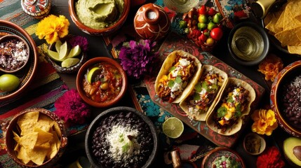 A vibrant overhead shot of a colorful Mexican feast. Delicious tacos, guacamole, and various side dishes are arranged on a richly decorated table, creating a festive mood.