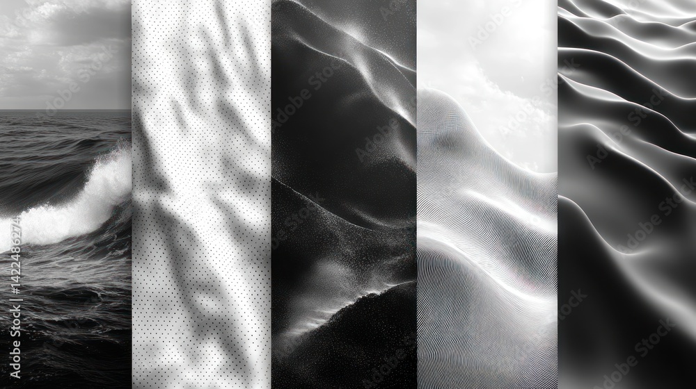 Poster monochrome abstract compositions with varied textures and simulated forms