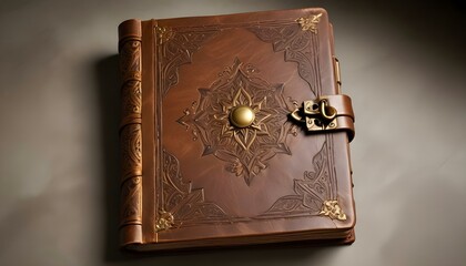 An elegant, vintage leather journal with decorative gold embellishments and a secure clasp.