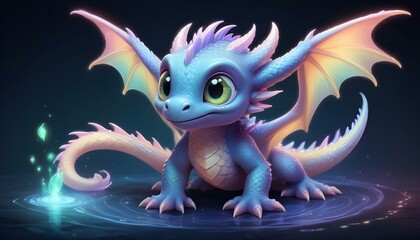 A cute blue dragon with large, expressive eyes and beautiful wings casts a magical spell in a fantasy setting. © Monster