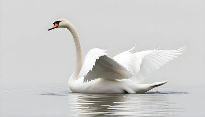 A majestic white swan with extended wings glides serenely across the calm water's surface.