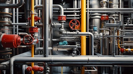 Industrial complex piping system with valves and equipment.