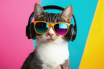 Trendy cat wearing sunglasses and headphones against a colorful background. Ideal for youth marketing, entertainment content, and quirky pet-themed promotions