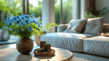 Blue Flower Vase Modern Living Room with Wooden Table and Natural Lighting.