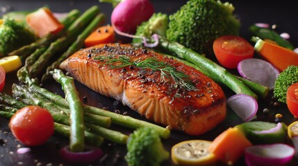 Delicious grilled salmon fillet served with roasted asparagus, broccoli, and colorful vegetables. A healthy and flavorful meal.