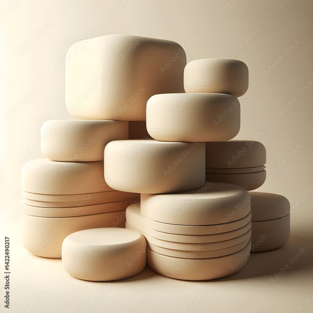 Poster rounded blocks stacked in warm beige tones with subtle textures and soft shadows, gentle balance and