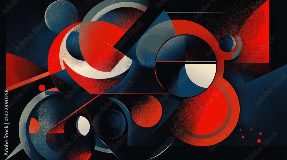Poster geometric abstract composition in red and blue with retro grain effect