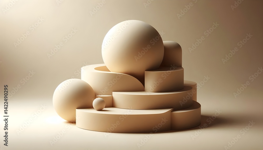Poster warm beige blocks with rounded shapes stacked softly, gentle balance with smooth shadows in clean mi