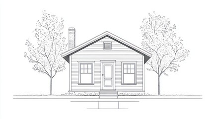 Simple House Architectural Drawing of a Small Home, Front View, Landscaping