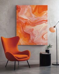 Orange abstract art piece displayed in a modern living room.