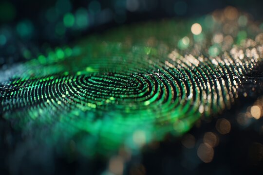 Close up of a biometric fingerprint scan on a green and black bokeh background with macro detail