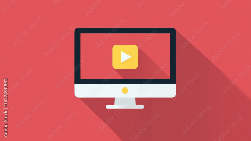 Aufkleber computer with a yellow play button on a red background, showcasing a blank screen with a focus on th