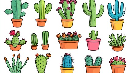 Colorful potted cacti collection, desert plants, home decor, white background, illustration