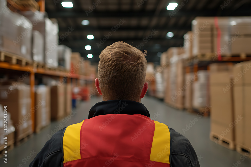 Poster warehouse employee walks through aisles, surrounded by boxes. focused on order fulfillment and effic