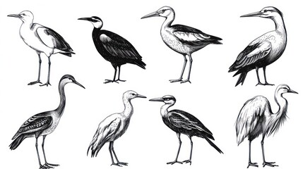 Eight bird species illustrations, wildlife, nature, zoology, educational