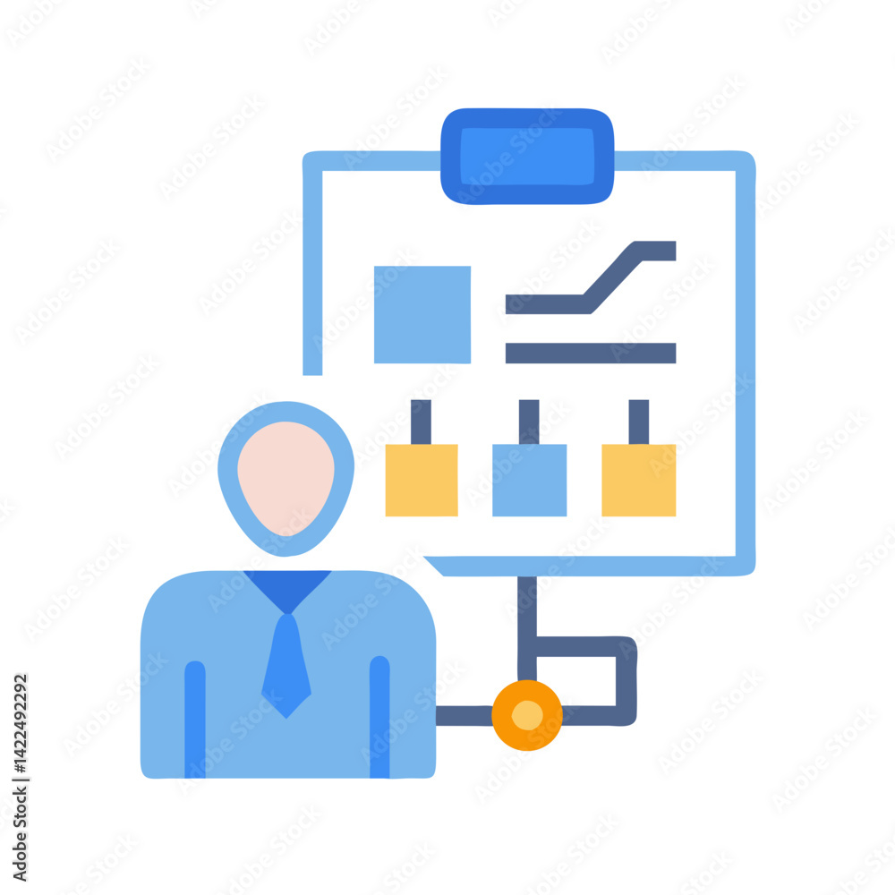 Poster presentation and data analysis in a business meeting icon