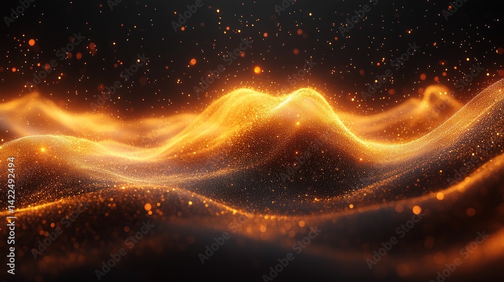 Poster abstract golden particle wave background with bokeh lights effect