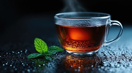 Steaming cup of tea with mint