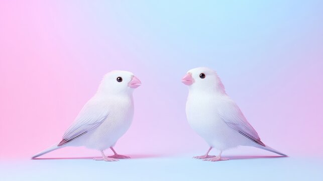 Two White Java Sparrows Pastel Dreamy Style High-Resolution Soft Lighting Profile View Feathery Textures Facing Each Other Gentle Serenity Pastel Pink Blue Background Ideal for Pet Adoption Ads