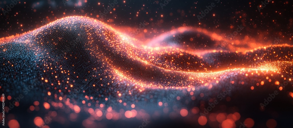 Poster abstract particle wave with glowing orange light, a dynamic visual