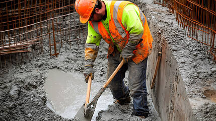 Construction Worker Smoothing Concrete at a Building Site