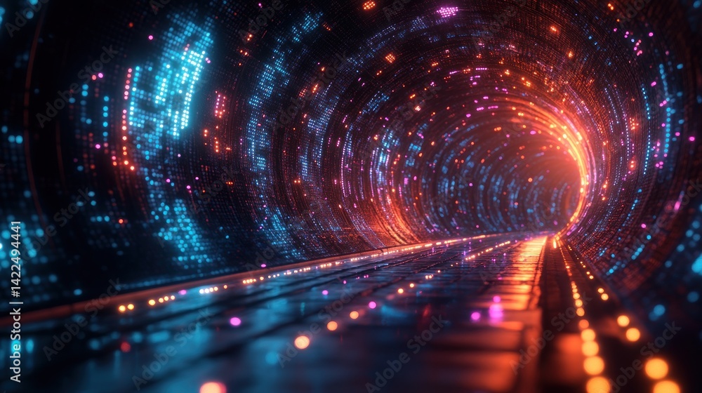 Poster abstract data tunnel with glowing dots and futuristic light trails