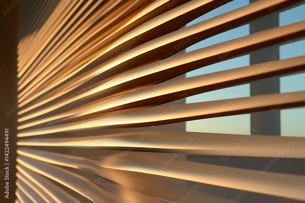 Poster window blinds create lines of light and shadow, with a glimpse of the outside world visible between 