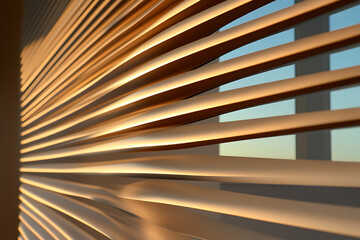 Window blinds create lines of light and shadow, with a glimpse of the outside world visible between the slats, adding depth and interest.