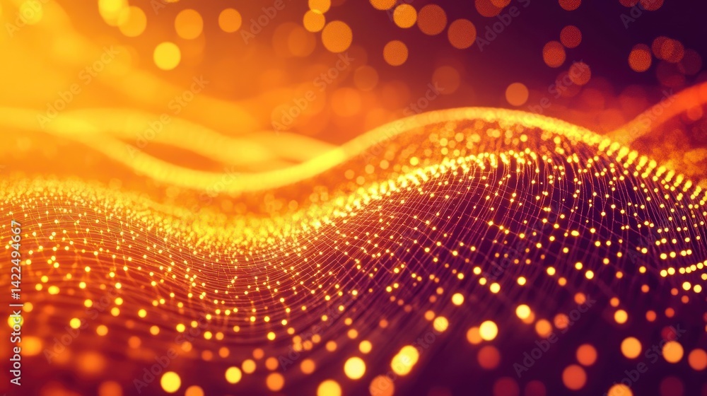 Poster abstract golden waves of light particles background with depth of field