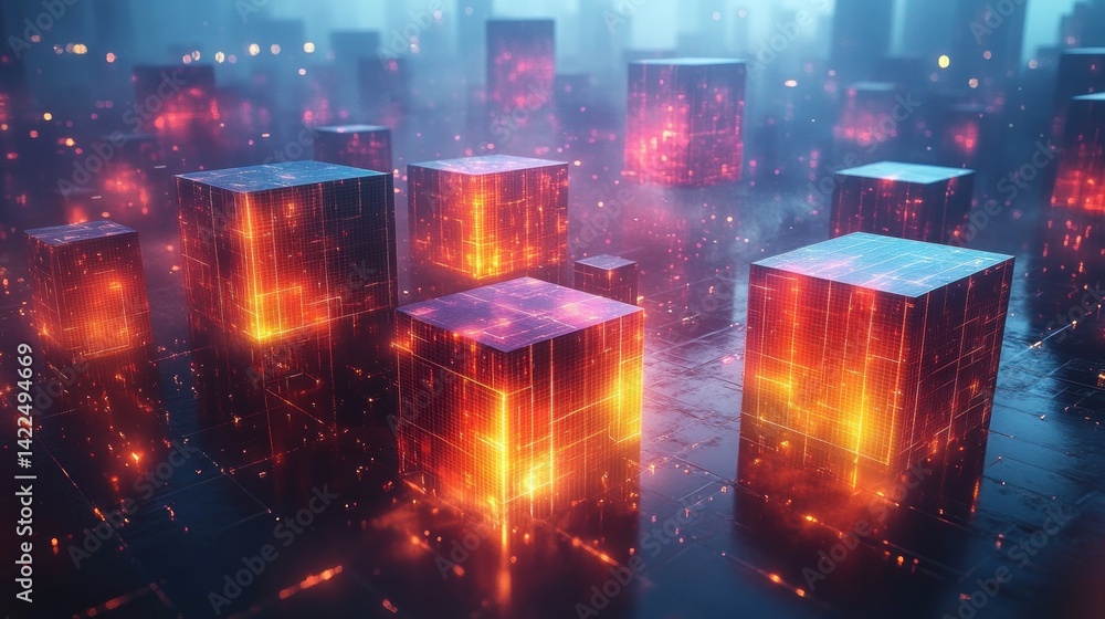 Poster abstract data cubes glowing in a futuristic network landscape