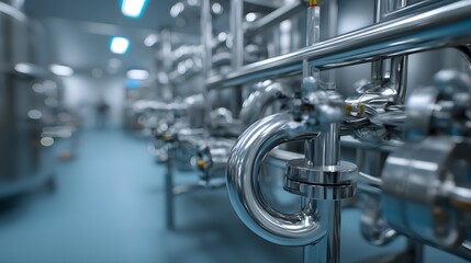 Fototapeta premium Stainless steel piping and valves in a modern industrial facility.