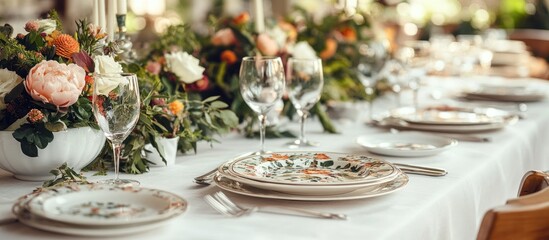 Fototapeta premium Elegant outdoor wedding reception table setting, floral centerpiece