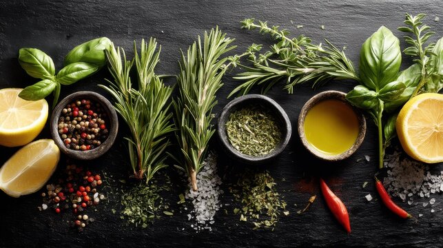 Fresh herbs, spices, and citrus fruits arranged on a dark surface. A vibrant still life of culinary ingredients.