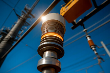 Obraz premium High-Voltage electrical insulator against a bright blue sky. Power lines and substation electrical equipment are visible. Safety and reliability concepts.