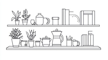 Fototapeta premium Simple line art shelves with plants and kitchen items. Showing an organized, clean, home interior setting. Ideal for home decor, interior design, or educational illustrations