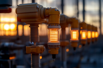 Close-up of a row of illuminated level indicators on industrial equipment, sunset backdrop. Industrial process visualization and liquid level monitoring.