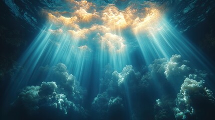 Underwater light rays filtering through cloudy formations and water