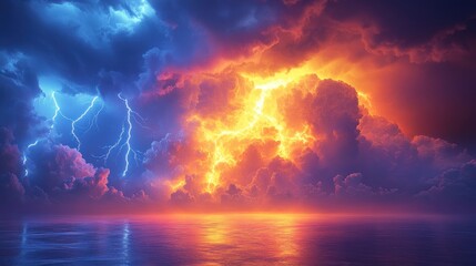 Dramatic lightning storm over the ocean with intense and vibrant colors