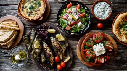 A delicious Mediterranean feast! Grilled fish, dolmades, fresh salad, and creamy dips.