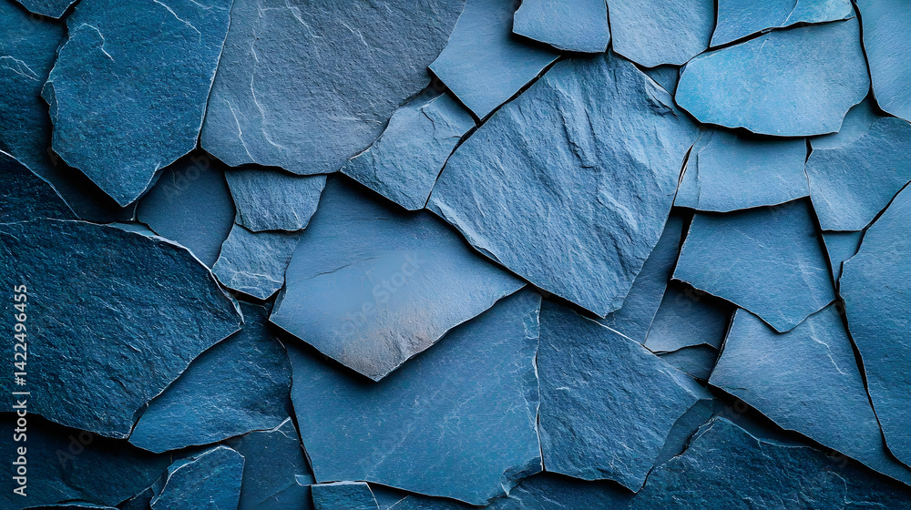 Poster abstract arrangement of textured slate shards with a central smooth backdrop and serene blue tones p