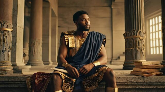 Thoughtful African man in ancient Greek or Roman attire with golden armor and books in an ornate hall with columns sitting and waiting