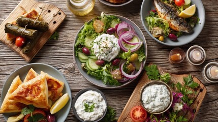 A delicious spread of Mediterranean appetizers and salads. Perfect for a summer gathering!