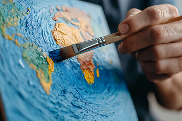 Artist painting a textured world map on canvas with blue paint, holding the brush with care and precision. Artistic expression in action.