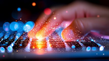 Glowing keyboard and hand working