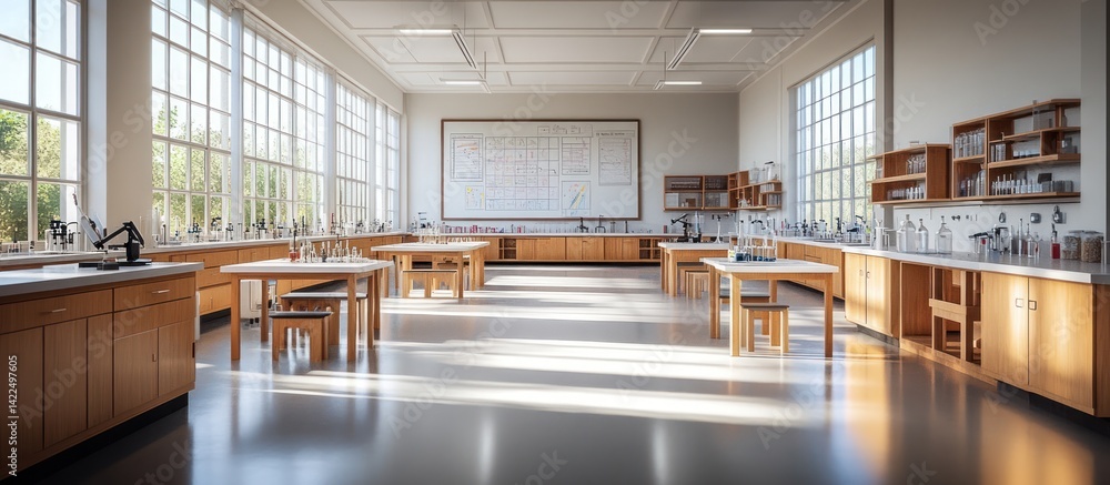 Poster empty bright science lab with long windows