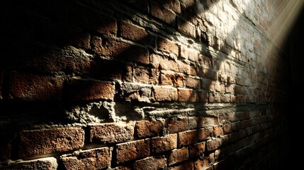 Sunlight casts dramatic shadows on a weathered brick wall.