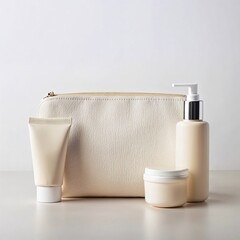mockup of skincare products with cosmetic pouch on white background